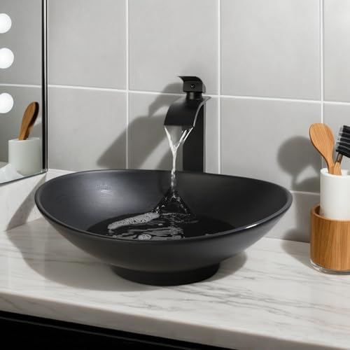 KECTIAKL Lavello da bagno nero opaco con rubinetto a cascata e scarico pop-up, lavello da 40,6 cm in resina di pietra da 40,6 cm sopra il bancone ovale lavello da bagno con rubinetto miscelatore
