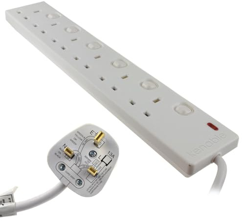 kenable 6 Way Extension Lead with Individual Switches White UK Mains Power Strip 10m Cable 13A 240V Wall Mountable Surge Protected Multi Plug Socket Gang