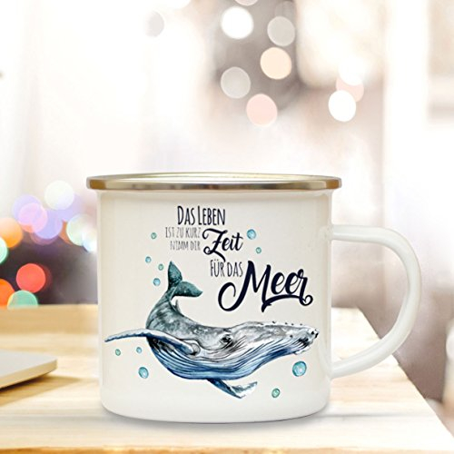 ilka parey wandtattoo-welt Emaille Becher Camping Tasse Wal & Spruch Motto... Zeit für das Meer Kaffeetasse Zitat Geschenk eb157