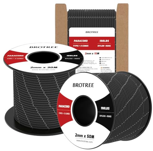 Brotree 2mm Paracord 3 Strands 50M 100% Nylon Rope Parachute Cord for Outdoor, Craft, DIY - 90kg Breaking Load (Reflective Black)