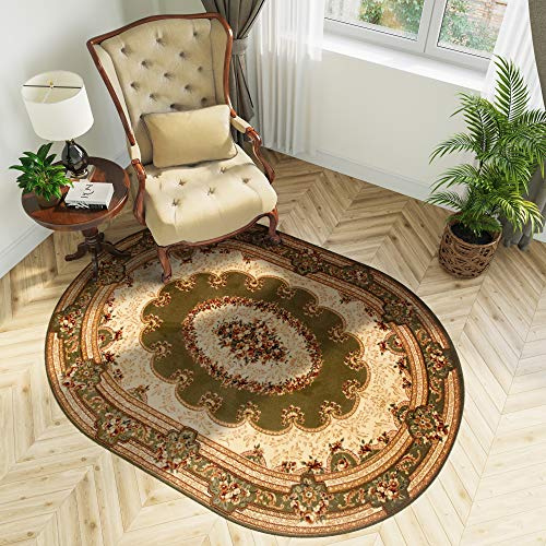 TAPISO Yesemek Teppich Oval Kurzflor Klassisch Gemustert Oriental Floral Ornament Grün Creme Bordüre Schlafzimmer Wohnzimmer ÖKOTEX 70 x 140 cm