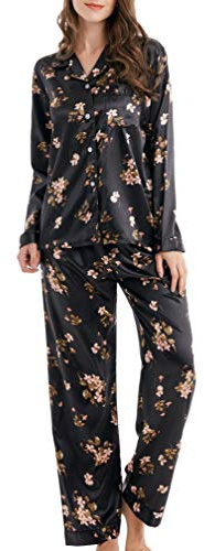 Damen Schlafanzug Pyjama Satin Lang Nachtwäsche Set Klassische Loungewear
