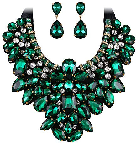 Flyonce Costume Jewelry for Women, Rhinestone Crystal Statement Necklace Earrings Set Emerald Color