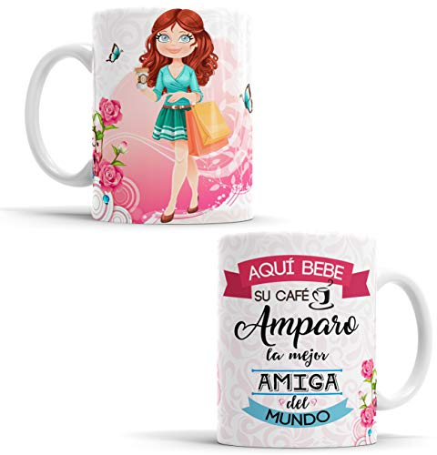 Taza Amiga - Taza Aquí Bebe la Mejor Amiga del Mundo/Taza aqui Bebe una Super Amiga/Taza con Frase y Dibujo Personalizada con Nombre (Amiga)