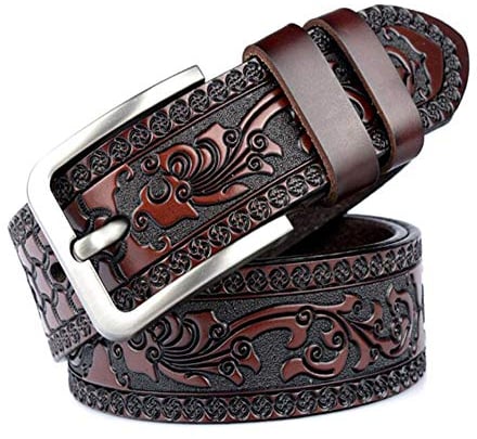 PACDE Cintura da uomo in pelle di vacchetta con motivo floreale in rilievo, Caff, 110 cm