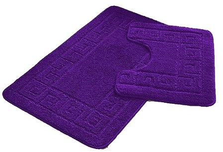 FAIRWAYUK Bathroom Mats Sets 2 Pieces, Ultra Plush Greek Pattern Bath Toilet Mat Anti Slip Pedestal Set, Extra Absorbent 100% Polypropylene Rug, Bathroom Accessory (Purple)