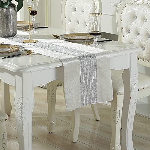 Deggodech Beige Tischläufer 32 x 180 cm Glitter Tischläufer Silber Diamant Table Runner für Küchentisch, Kaffeetisch, Kommode, Weinschrank Dekoration (180cm, Beige)