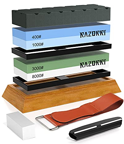 Razorri Abziehsteine Set, doppelseitig 400/1000 und 3000/8000 Grit Schleifsteine mit Abrichtstein & Flachstein, Winkelführung, Bambusbasis, Lederstreifen, für Metallklinge schärfen und polieren