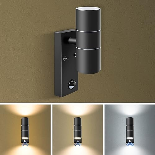 Bewegungssensor Außenwandleuchte, Auf- und Abwärtsleuchte mit PIR-Sensor, Edelstahl IP65 Wasserdichtes schwarzes Außensicherheitslicht, 2x8 W GU10 LED-Leuchtmittel enthalten 3 Farbtemperatur schaltbar