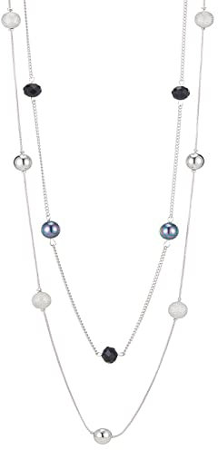 FULU AUTUMN Silver Layered Long Necklace for Women Pearl Crystal Sweater Strand Chain Necklaces Costume Jewellery Birthday Gifts(Black)