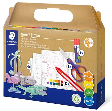 STAEDTLER Papierfiguren Bastelset Noris jumbo, stundenlanger Spielspaß, 9 Noris jumbo Wachsmalkreiden in sortierten Farben, Noris Bastelschere, Klebestift und Tierfiguren-Bastelbögen, 61 C4