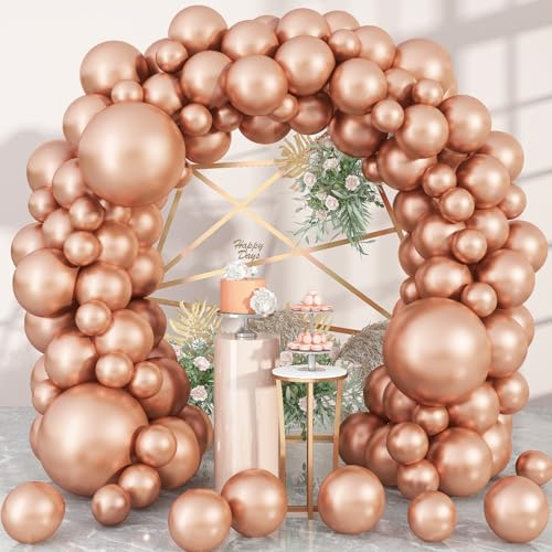 Rose Gold Balloons 113PCS, Different Sizes Metallic Rose Gold Helium Latex Balloon Garland Arch Kit 18/12/10/5 Inch Chrome Gold Rose Balloons Party Decorations for Birthday Anniversary Wedding Decor