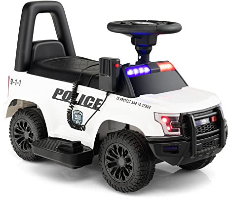 COSTWAY Kids Electric Ride on Car, 6V Battery Powered Police Cars with Side Megaphone, Horn, Flashing Light, Siren Sound, Wide Footrest and Underseat Storage, for 18-60 Months (White)