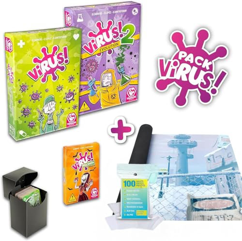 Pack Virus 1, 2 y Halloween - Fundas, Tapete y Caja para Cartas - Juego de Mesa para Niños y Adultos