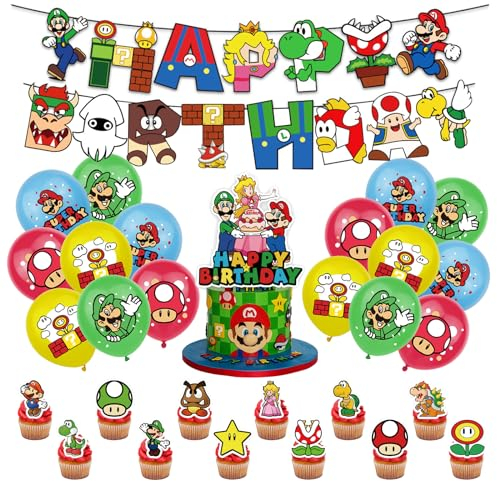 Super Mario Geburtstagsdeko Super Mario Geburtstag Party Deko Jungen Mädchen Kindergeburtstag Deko Set Enthält Happy Birthday Banner Girlande Super Mario Kuchen Muffins Deko Tortendeko Luftballons