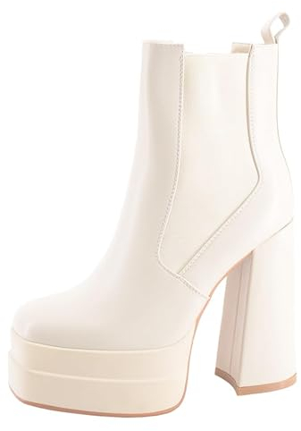 Queentina Damen Stiefeletten Plateau High Heels Absatz Boots elegant hoch BJ11-12 Beige 40