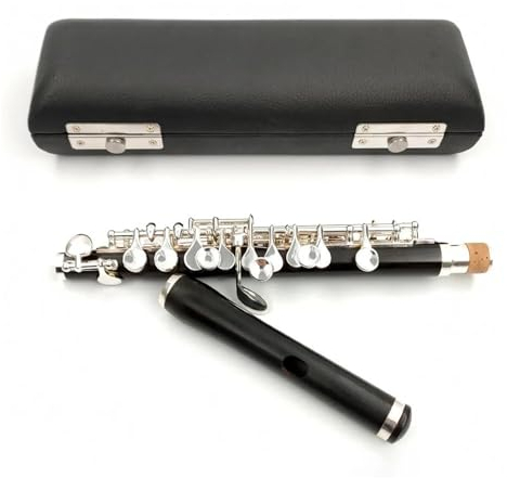 Querflöte Instrument Holzkorpus, Versilberte Tasten, Piccoloflöte In C-Dur, Halbgroßes Flöteninstrument Mit Koffer (Color : Black)