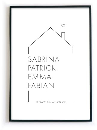 4one Pictures Koordinaten Haus Bild (Clean) | Familien Poster mit Namen & Standort, Personalisiertes Geschenk, Geburtstag, Weihnachten, Einzug, Hausbau, Richtfest