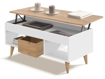 HOGAR24 ES - Mesa Centro Elevable con Cajón Deslizante y Huecos de almacenaje, Color Blanco y Madera. Medidas: 100cm x 50cm x 47cm.