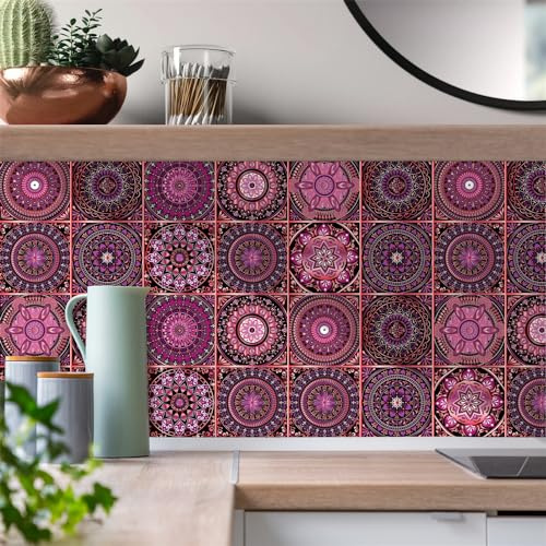 Wir verfliesen Fliesenaufkleber 20x20cm Lila Pink Mandala Wasserdicht Selbstklebende Fliesenaufkleber Bad Küche Schrank Möbel Deko Mosaikfliesen Fliesenfolie (10 Stück)