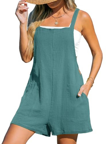 CUPSHE Women's Jumpsuit Cotton Pinafore Short Dungarees Scoop Neck Sleeveless Overall Casual Straight Leg Outfit Romper Playsuit Blue M