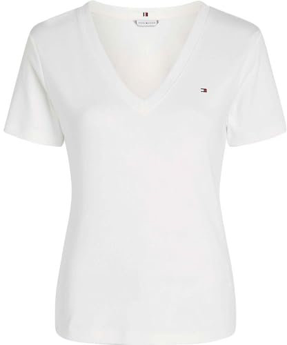 Tommy Hilfiger Camiseta de Manga Corta para Mujer New Slim Cody V-Neck con Cuello de Pico, Blanco (Nos Ecru), M