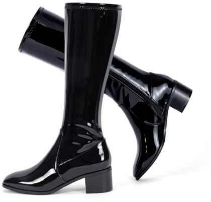 Zabtuc Stivali alti al ginocchio da donna, con tacco basso, punta quadrata, cerniera laterale, comodi stivali autunnali e invernali, 36-42 EU, Pelle verniciata nera, 37 EU