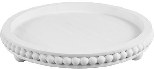 DRBIT Round Rustic Wood Beaded Tray - Elegant Serving Decorative Coffee Table Home Decor for Farmhouse Kitchen, Dining Room, Living Room, Entryway Table (White)