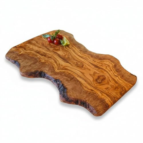 Handcrafted Live Edge Olive Wood Cutting Board | Unique Artisan Serving Board with Natural Grain & Knots | Ideal for Charcuterie Cheese Bread | Rustic Kitchen Decor & Gift (40 cm)