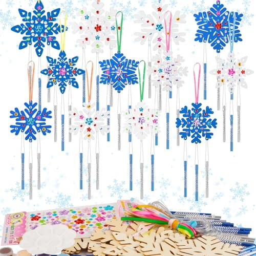 HGRGHH 12 St¨¹ck Schneeflocke Windspiel Bastelsets Kinder Holz, Bemalen Bastelset Kindergeburtstag, Windspiel Basteln Kinder ab 3 4 5 6 Jahre, Kreativsets f¨¹r Kinder Geburtstag, Party Weihnachten