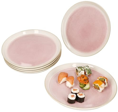 MamboCat Lot de 6 assiettes plates Reactive Glaze Paris - Crème et rose - Assiettes plates en faïence pour 6 personnes - Grandes assiettes pour barbecue, repas principaux, etc.