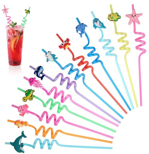 Lot de 12 pailles pour enfants, pailles océan, réutilisables, pailles colorées pour fête d'anniversaire, Noël, accessoires de fête (animaux marins)