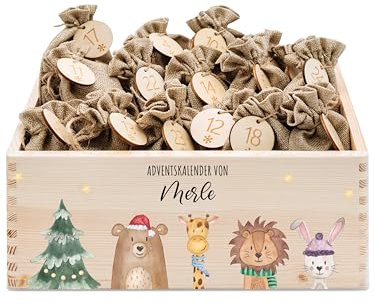 wunderwunsch® - Personalisierter Adventskalender zum selber befüllen - Adventskiste Holz mit kinderfreundlichem Druck - mit Juteschnur Jutesäckchen und Holzzahlen Weihnachtsbaum Tiere
