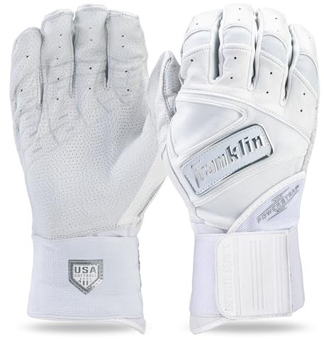 Franklin Sports USA Softball Batting Gloves - Infinite Powerstrap Women's Fastpitch + Softball Gloves - Durable Full Wrap Cage Practice Gloves - Reinforced Wrist - Adult Large - White/Chrome