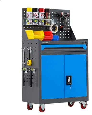 NEWCIX Metallschrank Auf Rädern, Mobiler Metallgaragenschrank Mit 1 Schublade Und 1 Gitter, Kleiner Rollender Werkzeugschrank(Blau)