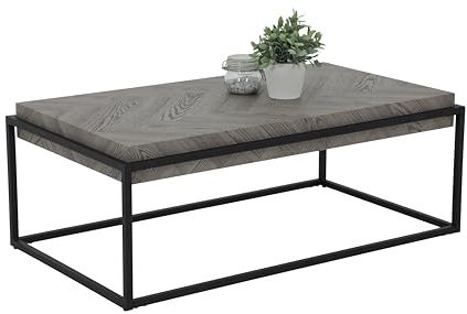 Hela Tische, Couchtisch Carlos, Dicke Tischplatte 10 cm, Fischgrätoptik Grau, Metallrahmen pulverbeschichtet Schwarz