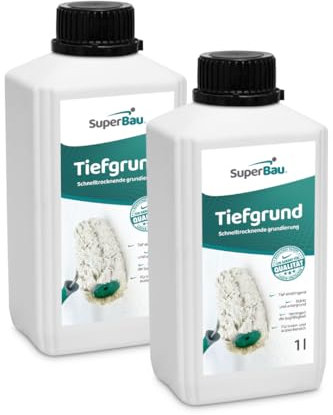 SuperBau Tiefgrund LF (2L=10m² bis 20m²) Grundierung für Wand & Boden, Tiefengrund Innen & Außen, für Rigips Gipskarton Beton Estrich Putz OSB-Platten, Farbe Weiß, Schnelltrockend