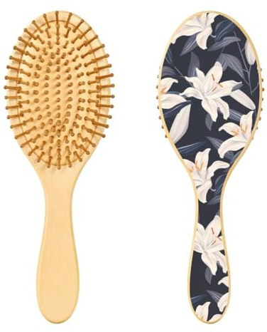 JUMBEAR Beautiful White Lilies Hair Brush,Massaging Scalp Wooden Bamboo Paddle Hairbrush for All Hairstyles,Reducing Tangle & Hair Breakage, Promoting Hair Growth