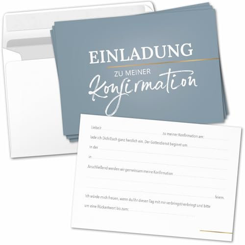 8 Einladungskarten Einladung Konfirmation mit Umschlag zum selber ausfüllen - Kirche Konfi Einladungen Postkarten Umschläge Modern Blau Grau