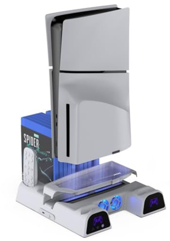 Station de refroidissement pour PS5 Pro/PS5/PS5 Slim Disc/Digital Edition,d'accueil à deux manettes avec support de rangement des disques, chargeur de manettes,Base de refroidissement pour console
