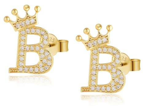 Krone Initial Stud Ohrringe für Mädchen, 14K Gold überzogene S925 Sterling Silber Post Cubic Zirkonia Ohrstecker, hypoallergene Ohrringe für Frauen Mädchen Geschenke