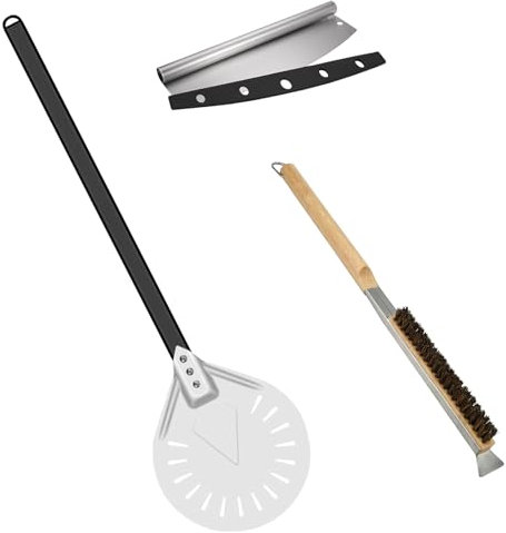 Pizzaschieber Set, 3 Stück Pizza Zubehör mit 9 Zoll Pizzaschaufel mit 6 cm Griff 14 Zoll Pizzaschneider und Pizzaofen Bürste aus Naturborsten Schieber zum Wenden von Pizza für Kochbegeisterte