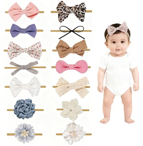 chiduerm 14 Pcs Baby Girl Headband Bows Soft Nylon Hairbands With Hair Bows Elastics Linen Handmade Toddler Hair Accessories For Girls Newborns Infants And Kids. (Flower Bows, Mid)