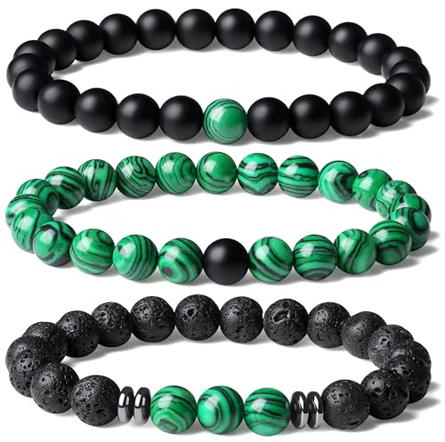 Sahoottie 3 Stücke Armband Herren Naturstein Perlenarmbänder Herren 8mm Lavastein Armband Malachit Schwarzer Onyxstein Perlenarmband Set Einfaches Armbänder Papa Mama Geschenk Vatertagsgeschenk