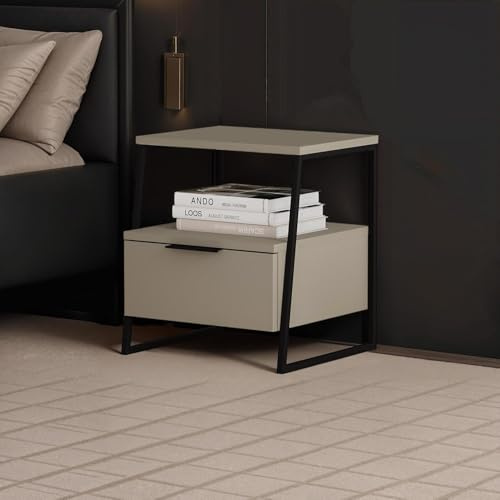 FWStyle Pal Bedside Table in Ash Green – Modern Nightstand with Drawer & Open Shelf – Durable Black Metal Frame, Easy-Clean Finish, Compact Bedroom Side Table Storage
