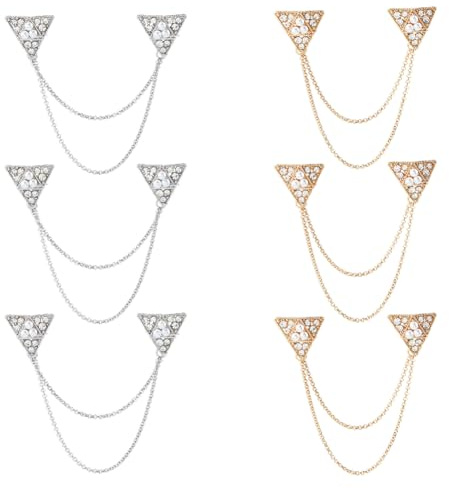 SUPERFINDINGS 6 Stück 2 Farben Lange Kette Brosche Gold Silber Dreieck Hängekette Brosche Krawattennadel Dreieck Mit Perlen Strassnadeln Dekorative Reversnadel Für Anzüge Hemden Smoking Dekor