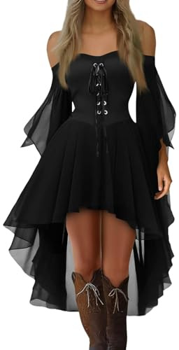 Mittelalter Kleid Damen Gothic Kleid Sexy Schulterfrei Palastkleid Schmetterlingsärmel Mesh Chiffon Maxikleid Bandage Corsagenkleid Halloween Hexen Kostüm Cosplay Kleider Festival Partykleid