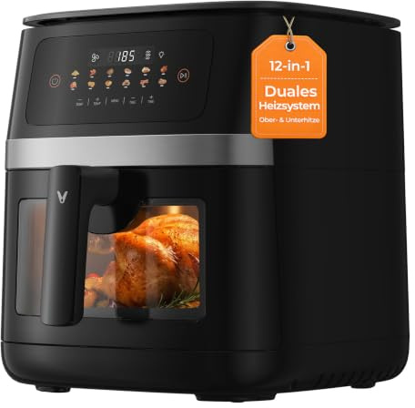 VIOMI 7L Vortex Heißluftfritteuse, 2000W Doppelheizung, 12-in-1 Touchscreen | Sichtfenster, Knusprig-Garen, Spülmaschinenfeste Antihaft-Schublade, Frittieren, Grillen, Familiengröße, 2 Jahre Garantie
