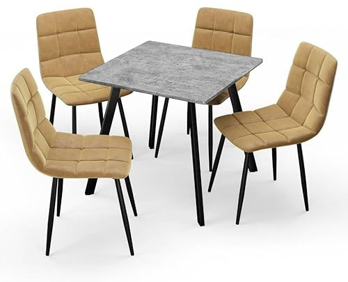 URBNLIVING 80cm Square Table with 4 Velvet Chairs | Stylish Dining Set for Apartment & Small Spaces - Concrete Table Curly Yellow Chair