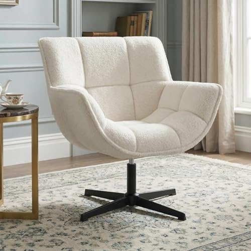 Ya-Home Fauteuil de Salon Pivotant,Chaises Coiffeuse Confortable,Blanc | Fausse Fourrure,Dossier Large&Accoudoirs,Chaise Loisirs à Coussin Rembourré pour Chambre/Salon/Lecture